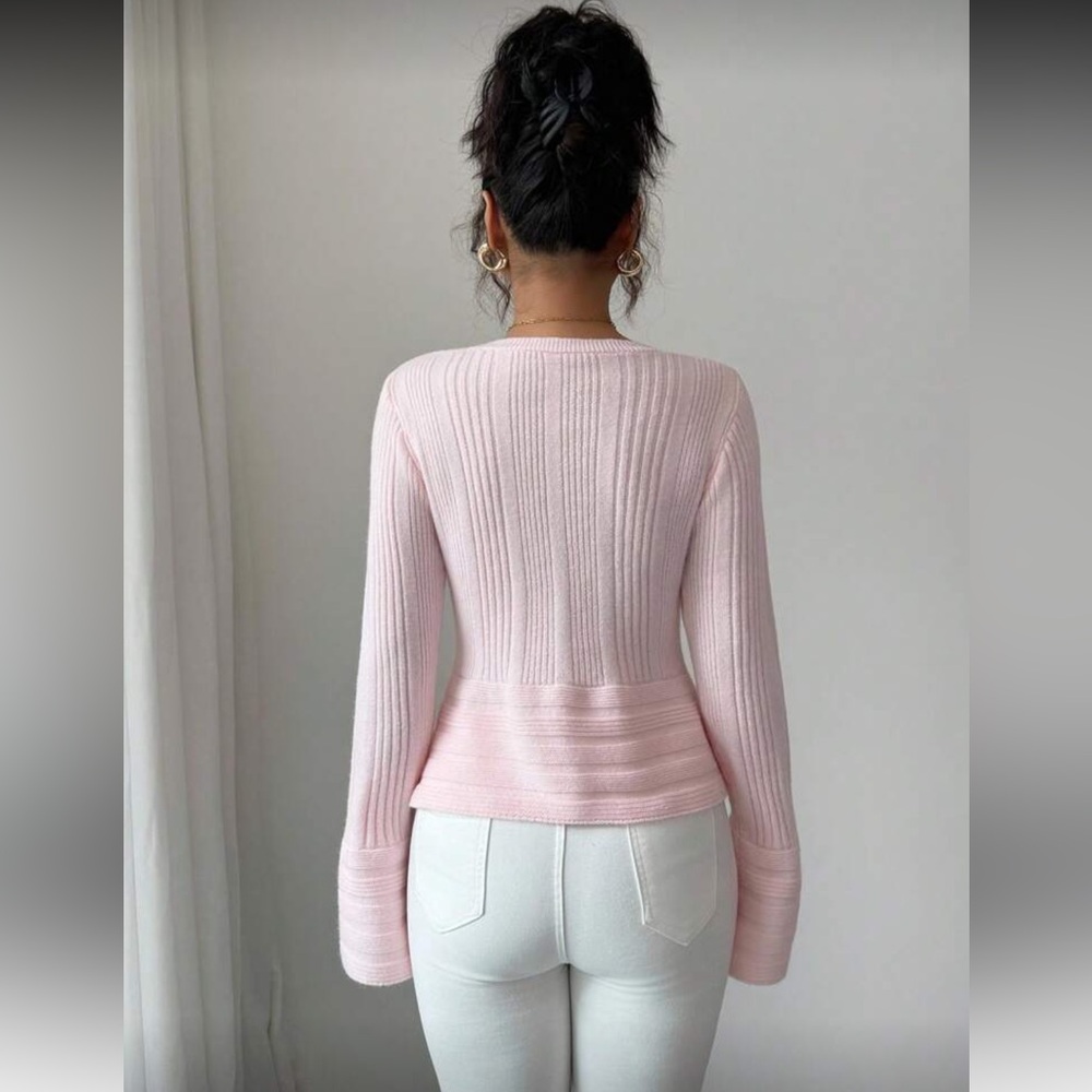 Pink Ribbed Button-Up Sweater - Picture 2 of 15